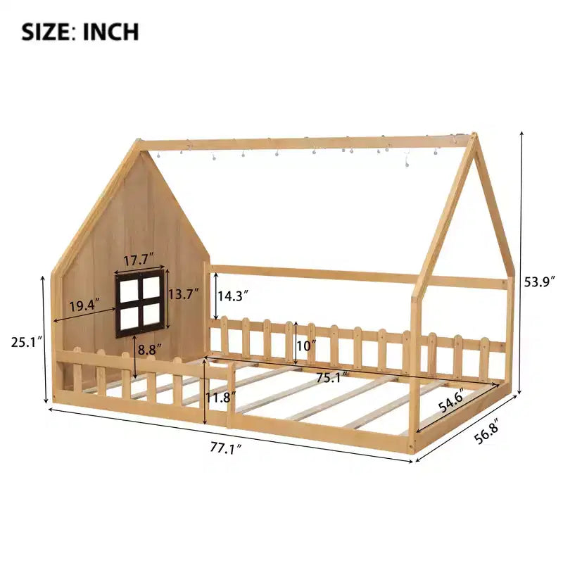 Cama de madera Whisen con forma de casa, tamaño completo, con ventana y valla