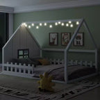 Cama de madera Whisen con forma de casa, tamaño completo, con ventana y valla