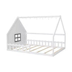 Cama de madera Whisen con forma de casa, tamaño completo, con ventana y valla