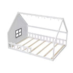 Cama de madera Whisen con forma de casa, tamaño completo, con ventana y valla