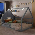 Cama de madera Whisen con forma de casa, tamaño completo, con ventana y valla