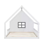 Cama de madera Whisen con forma de casa, tamaño completo, con ventana y valla