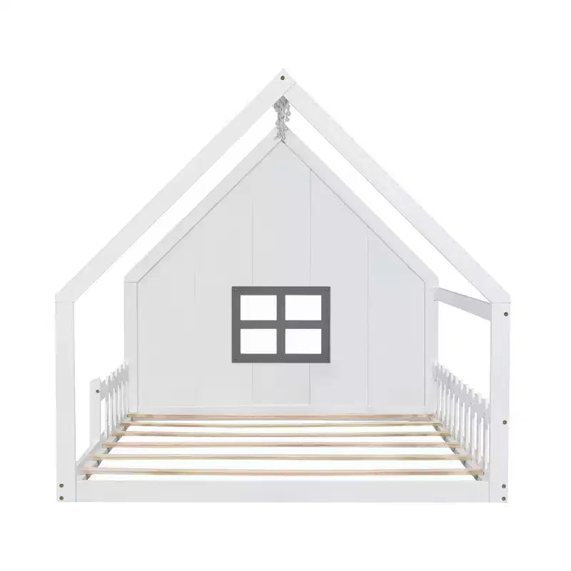 Cama de madera Whisen con forma de casa, tamaño completo, con ventana y valla