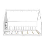 Cama de madera Whisen con forma de casa, tamaño completo, con ventana y valla