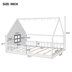 Cama de madera Whisen con forma de casa, tamaño completo, con ventana y valla