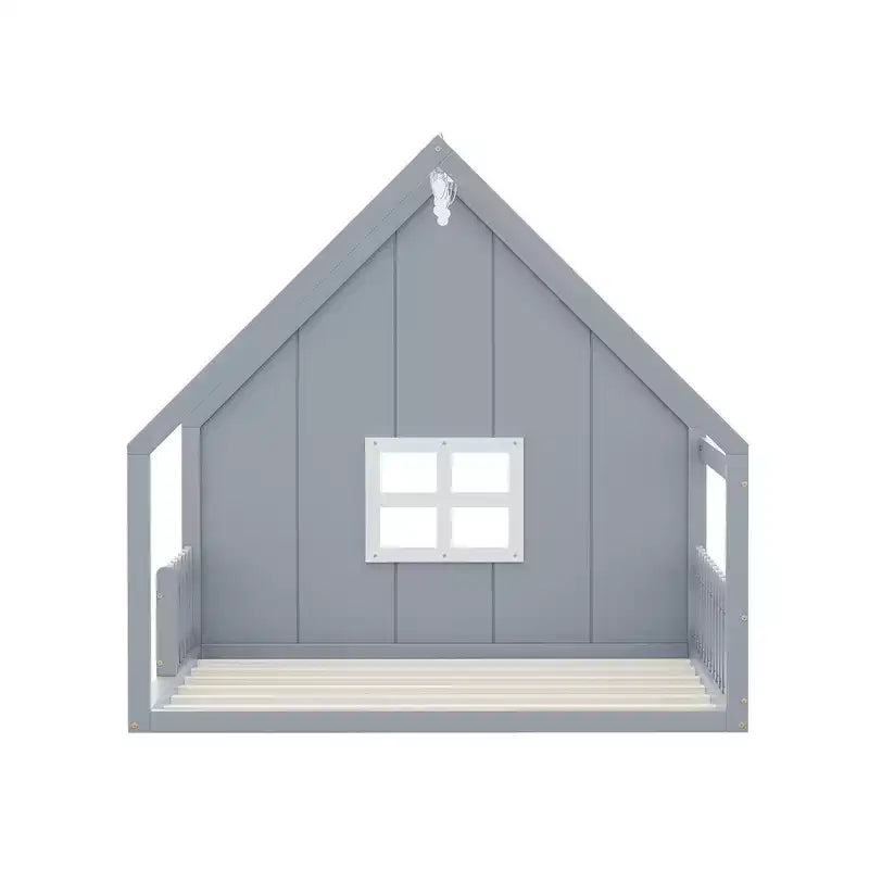 Cama de madera Whisen con forma de casa, tamaño completo, con ventana y valla