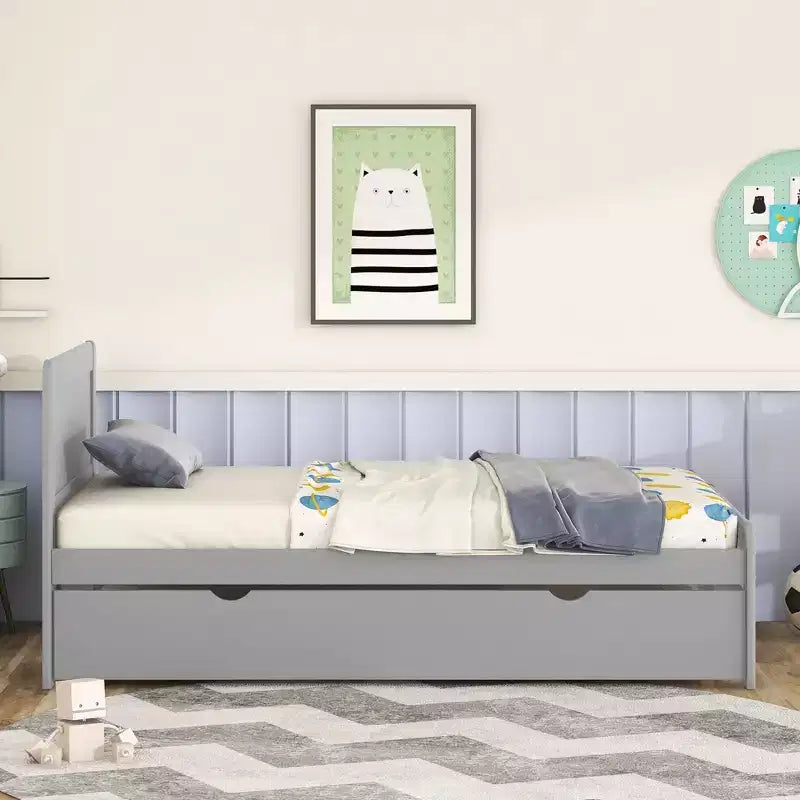 Base de Cama Plataforma Okak Twin Moderna con Cama Nido y 2 Cajones de Almacenamiento Estructura de Cama de Madera Robusta Sin Ruido No Requiere Resortes Fácil de Montar