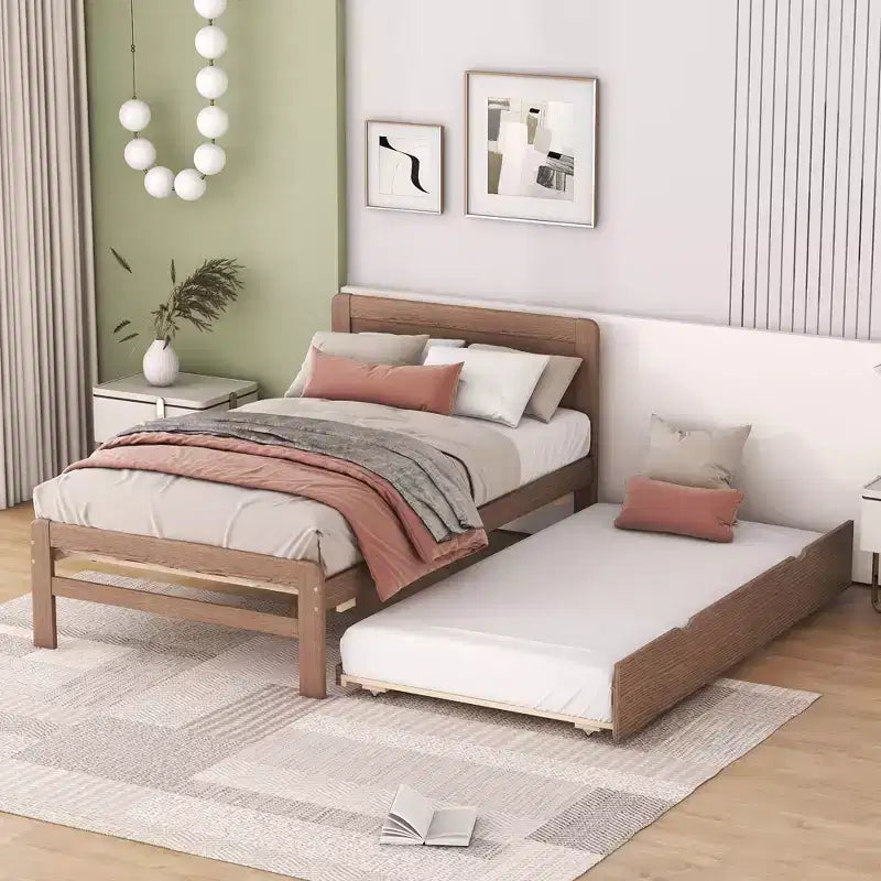 Base de Cama Plataforma Okak Twin Moderna con Cama Nido y 2 Cajones de Almacenamiento Estructura de Cama de Madera Robusta Sin Ruido No Requiere Resortes Fácil de Montar