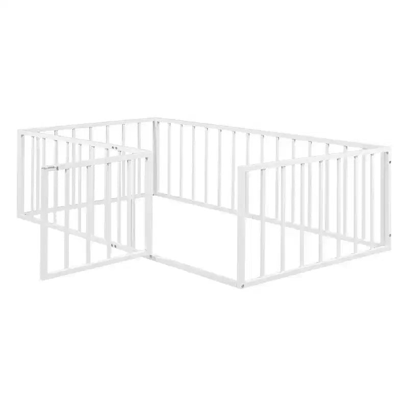 Marco de cama Okak Moderno de suelo con valla de seguridad y puerta, Marco de cama infantil de metal para niños y niñas, Fácil de montar