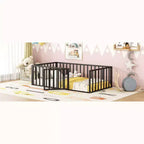 Marco de cama Okak Moderno de suelo con valla de seguridad y puerta, Marco de cama infantil de metal para niños y niñas, Fácil de montar