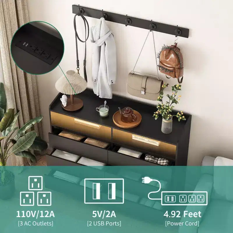 Okak Cómoda moderna de 6 cajones para dormitorio con LED, mesita de noche con marco resistente, armario de almacenamiento para sala de estar, pasillo, habitación de niños