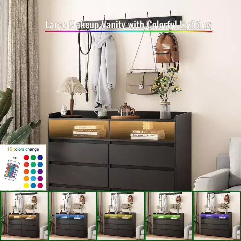 Okak Cómoda moderna de 6 cajones para dormitorio con LED, mesita de noche con marco resistente, armario de almacenamiento para sala de estar, pasillo, habitación de niños
