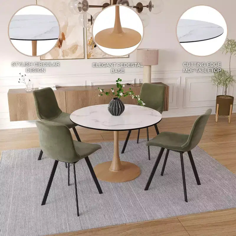 LeisureMod Bristol Mesa de Comedor Redonda Moderna de 35'' con Tapa Duradera de MDF y Base de Acero Natural con Transferencia de Madera para Cocina, Comedor o Cafeterías