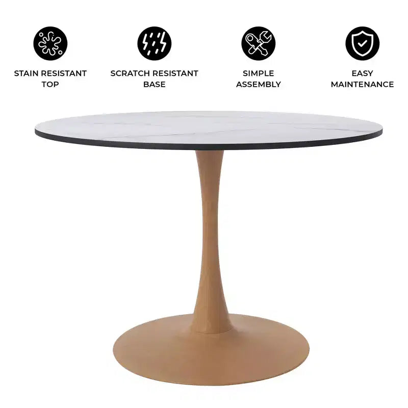 LeisureMod Bristol Mesa de Comedor Redonda Moderna de 35'' con Tapa Duradera de MDF y Base de Acero Natural con Transferencia de Madera para Cocina, Comedor o Cafeterías