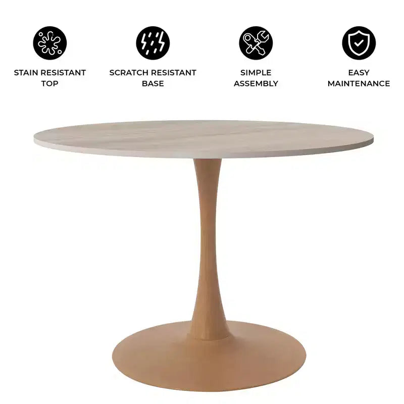 LeisureMod Bristol Mesa de Comedor Redonda Moderna de 35'' con Tapa Duradera de MDF y Base de Acero Natural con Transferencia de Madera para Cocina, Comedor o Cafeterías