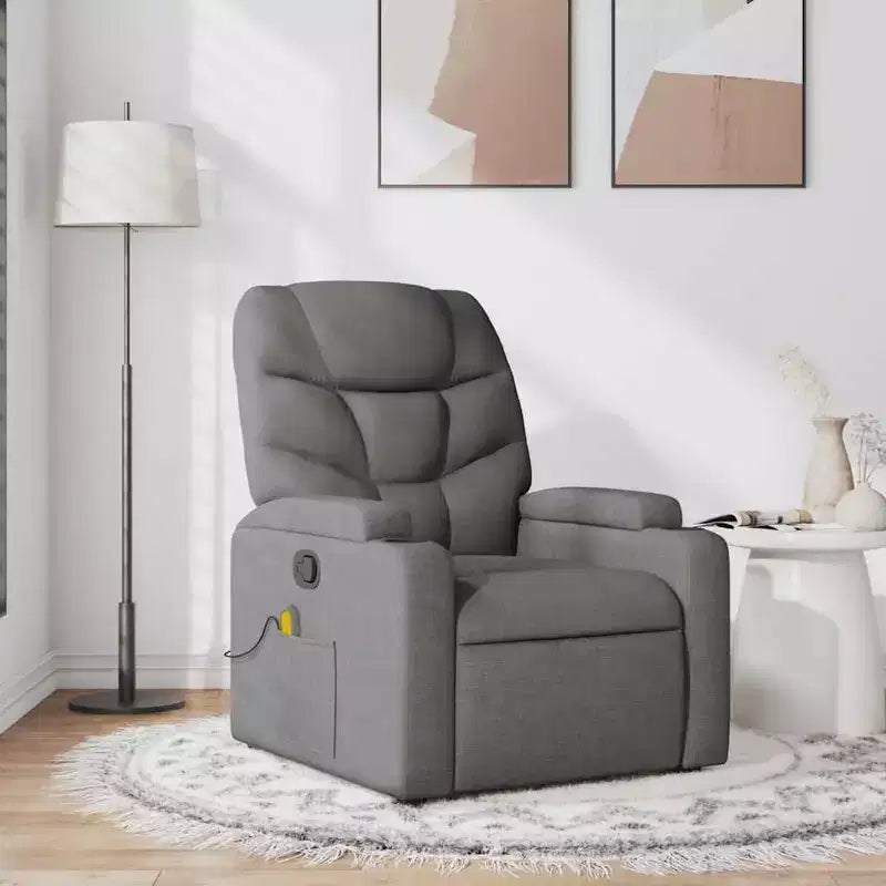vidaXL Sillón reclinable de tela gris oscuro - 6 puntos de masaje vibratorio, respaldo y reposapiés ajustables - Gris