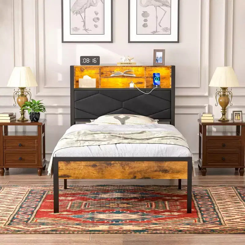 VECELO Upholstered Twin/Full/Queen Size Bed Frame, Metal Frame Platform Bed with Charging Station, Storage Headboard with LED & USB Outlets, Brown