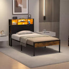 Base de Cama Tapizada VECELO Individual/Matrimonial/Queen, Base de Cama con Plataforma de Metal con Estación de Carga, Cabecera con Almacenamiento, Luces LED y Tomas USB, Marrón