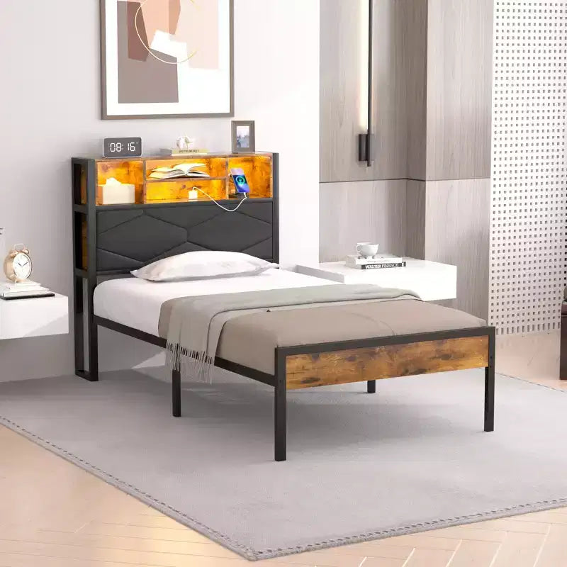Base de Cama Tapizada VECELO Individual/Matrimonial/Queen, Base de Cama con Plataforma de Metal con Estación de Carga, Cabecera con Almacenamiento, Luces LED y Tomas USB, Marrón