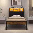 Base de Cama Tapizada VECELO Individual/Matrimonial/Queen, Base de Cama con Plataforma de Metal con Estación de Carga, Cabecera con Almacenamiento, Luces LED y Tomas USB, Marrón