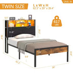 Base de Cama Tapizada VECELO Individual/Matrimonial/Queen, Base de Cama con Plataforma de Metal con Estación de Carga, Cabecera con Almacenamiento, Luces LED y Tomas USB, Marrón