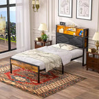 Base de Cama Tapizada VECELO Individual/Matrimonial/Queen, Base de Cama con Plataforma de Metal con Estación de Carga, Cabecera con Almacenamiento, Luces LED y Tomas USB, Marrón