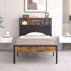 Base de Cama Tapizada VECELO Individual/Matrimonial/Queen, Base de Cama con Plataforma de Metal con Estación de Carga, Cabecera con Almacenamiento, Luces LED y Tomas USB, Marrón