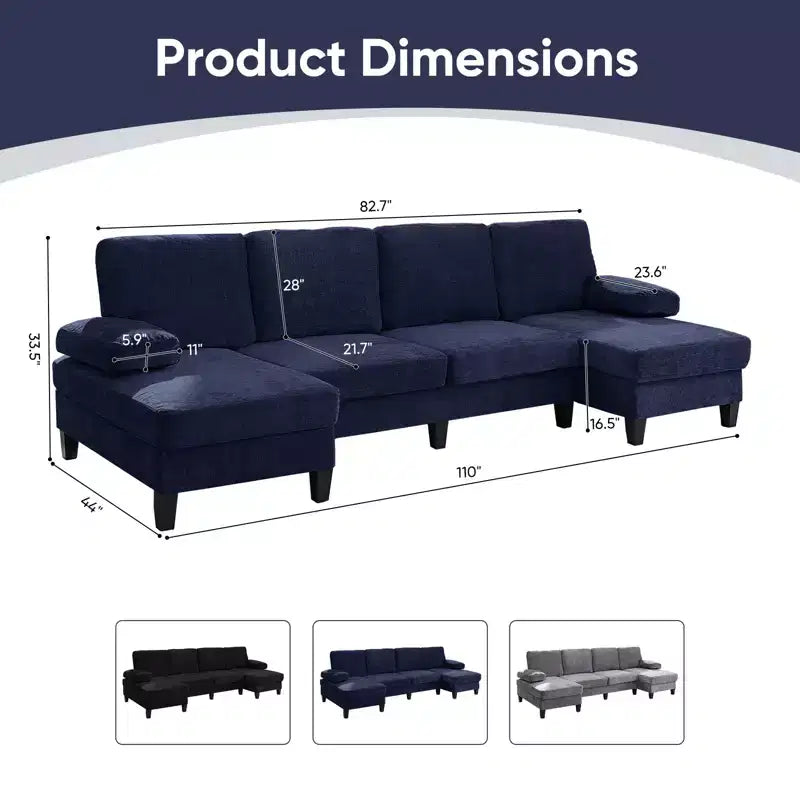 Sofá Seccional Mjkone 110 en Forma de U, Sofá Grande de 4 Plazas Tapizado en Chenilla con Doble Chaise Longue y Reposabrazos Reclinables