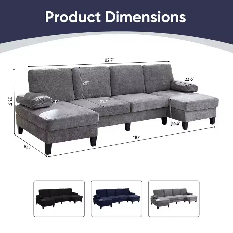 Sofá Seccional Mjkone 110 en Forma de U, Sofá Grande de 4 Plazas Tapizado en Chenilla con Doble Chaise Longue y Reposabrazos Reclinables