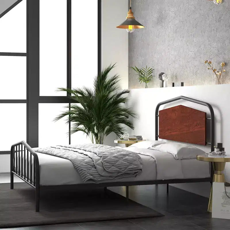 Estructura de cama de tamaño completo, con cabecero y piecero de madera, estructura de cama de plataforma de metal, amplio espacio de almacenamiento debajo de la cama, sin ruidos, no necesita somier