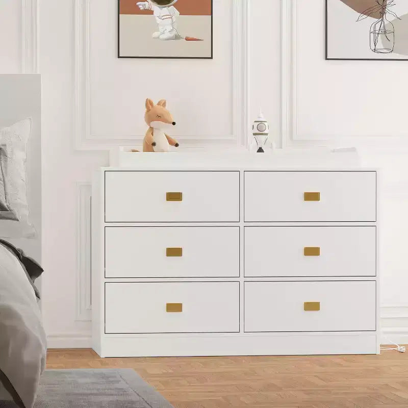 Cómoda de dormitorio con 6 cajones, cómoda cambiador, almohadilla suave y tapa extraíble, cómoda para bebé con tapa cambiador para guardería, blanca