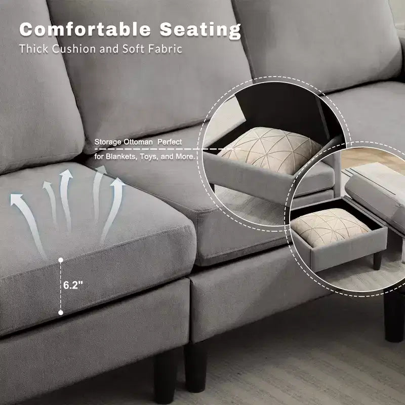 HYLEORY Sofá seccional convertible en forma de L de 3 plazas con tela de lino, con otomana, para sala de estar, apartamento y oficina