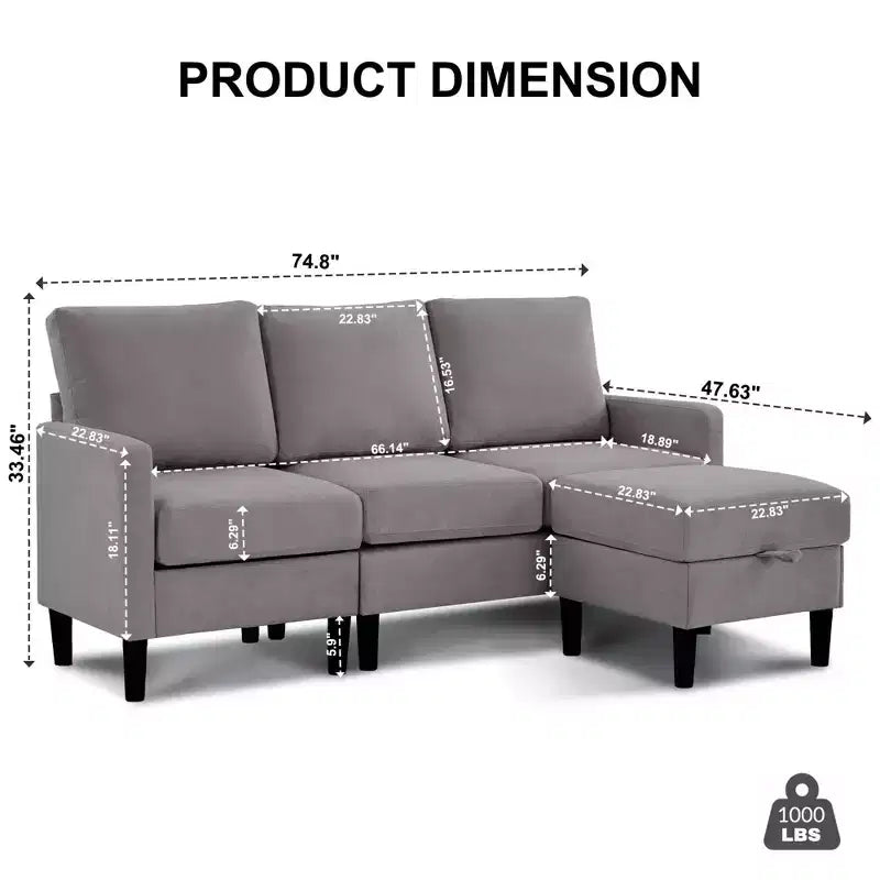 HYLEORY Sofá seccional convertible en forma de L de 3 plazas con tela de lino, con otomana, para sala de estar, apartamento y oficina