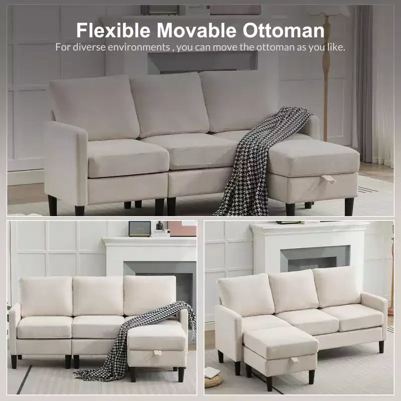 HYLEORY Sofá seccional convertible en forma de L de 3 plazas con tela de lino, con otomana, para sala de estar, apartamento y oficina