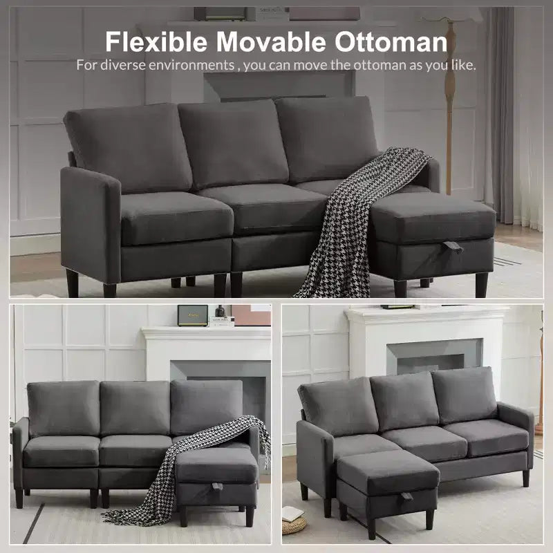 HYLEORY Sofá seccional convertible en forma de L de 3 plazas con tela de lino, con otomana, para sala de estar, apartamento y oficina