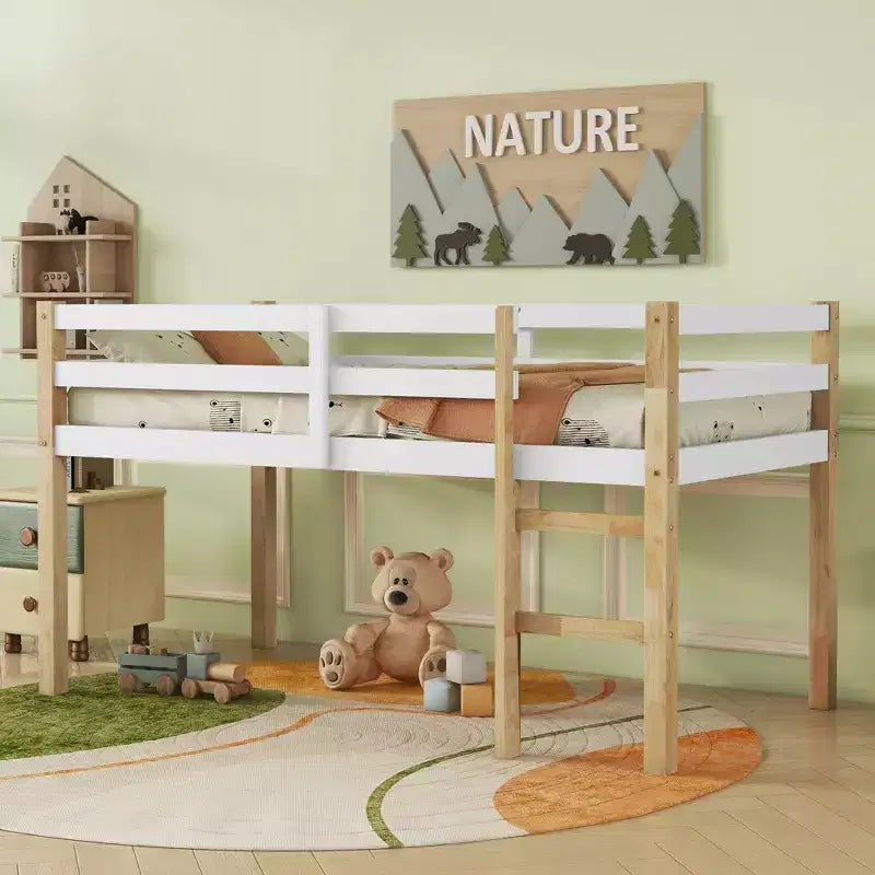 Cama alta MAYEERTY de madera de caucho con escalera de seguridad, multicolor