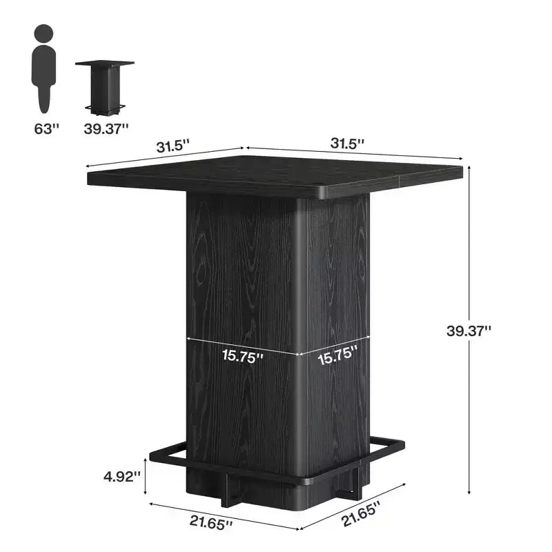 MAYEERTY Mesa de Bar Cuadrada Minimalista de 31.5 pulgadas, con Cubierta de MDF Grano de Madera Oscura, Pedestal Robusto y Reposapiés Metálico, Mesa de Pub Compacta para 2-4 Personas