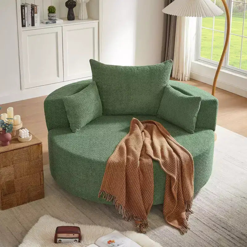 Sillón decorativo giratorio 360°, sillón de barril giratorio redondo con 3 almohadas extraíbles para sala de estar, dormitorio, oficina y hotel, verde