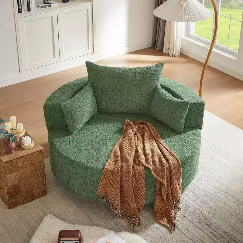 Sillón decorativo giratorio 360°, sillón de barril giratorio redondo con 3 almohadas extraíbles para sala de estar, dormitorio, oficina y hotel, verde