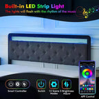 Cama Queen tapizada de 1 pieza con almacenaje - 2 cajones y cabecero capitoné, luces LED con lamas de madera, no necesita somier
