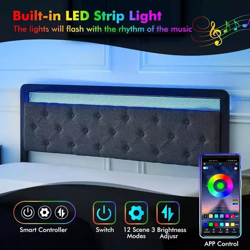Cama Queen tapizada de 1 pieza con almacenaje - 2 cajones y cabecero capitoné, luces LED con lamas de madera, no necesita somier
