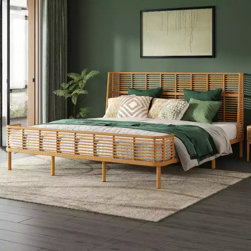 Cama Christopher Knight Home Shadow Coastal Grid de ratán PE con cabecera de ala