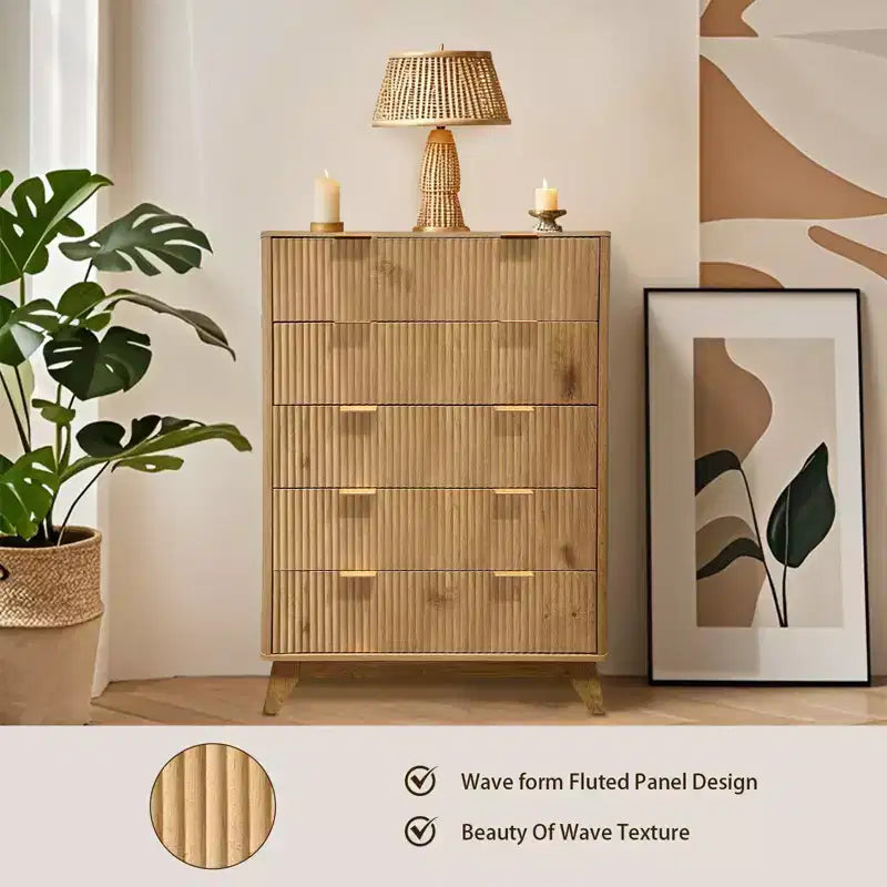 Cómoda acanalada de 5 cajones para dormitorio, cómoda alta moderna de 119 cm, organizador de cajones de madera para dormitorio, sala de estar, pasillo, entrada