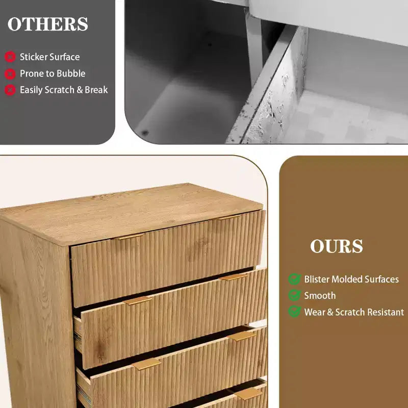 Cómoda acanalada de 5 cajones para dormitorio, cómoda alta moderna de 119 cm, organizador de cajones de madera para dormitorio, sala de estar, pasillo, entrada