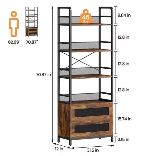 Estantería con cajones de 179,9 cm, estanterías rústicas, estantes de almacenamiento abiertos de 4 niveles, estantería estilo casa de campo para dormitorio, sala de estar, oficina en casa, marrón