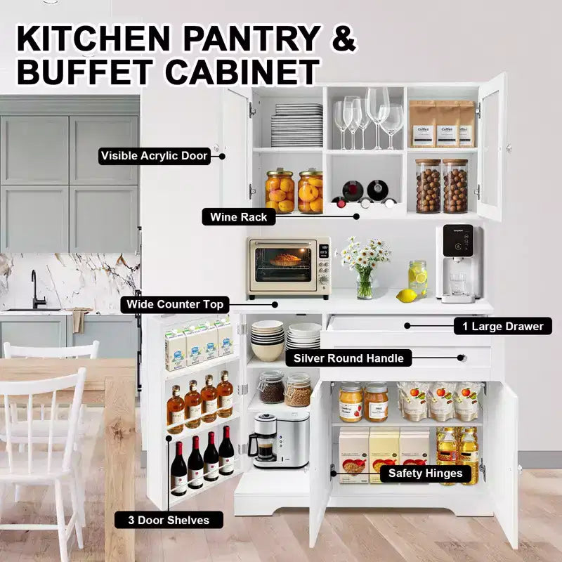 67.9 Mueble de despensa alto para cocina, armario de almacenamiento independiente con cajón, mueble de cocina con soporte para microondas, mueble de bar de café