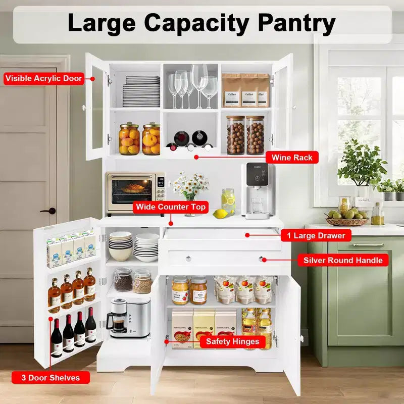 67.9 Mueble de despensa alto para cocina, armario de almacenamiento independiente con cajón, mueble de cocina con soporte para microondas, mueble de bar de café