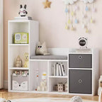 GustoWave Kids Bookshelf 44.1in Width Toy Storage Organize White Bookcase Seat Cushion Wooden 6-Cubby Storage Bench 2 Drawers Toddler Cabinet Shelf