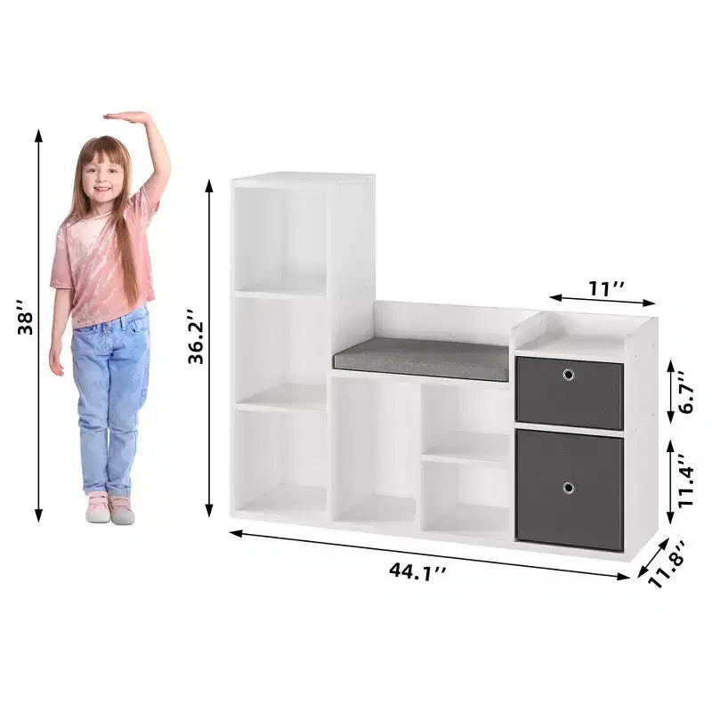GustoWave Estantería Infantil 44.1in Ancho Almacenamiento de Juguetes Organizador Librería Blanca Cojín de Asiento Banco de Almacenamiento de Madera de 6 Cubículos 2 Cajones Estante Armario para Niños Pequeños