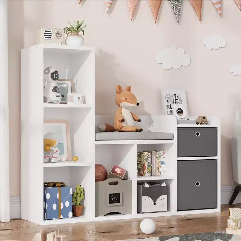 GustoWave Estantería Infantil 44.1in Ancho Almacenamiento de Juguetes Organizador Librería Blanca Cojín de Asiento Banco de Almacenamiento de Madera de 6 Cubículos 2 Cajones Estante Armario para Niños Pequeños